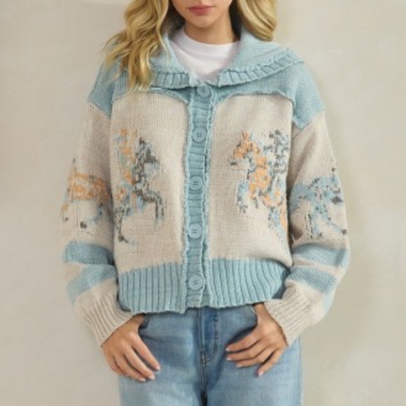 Cozy Horse Western Graphic Wide Collar Button Down Cardigan - Picture 2 of 4